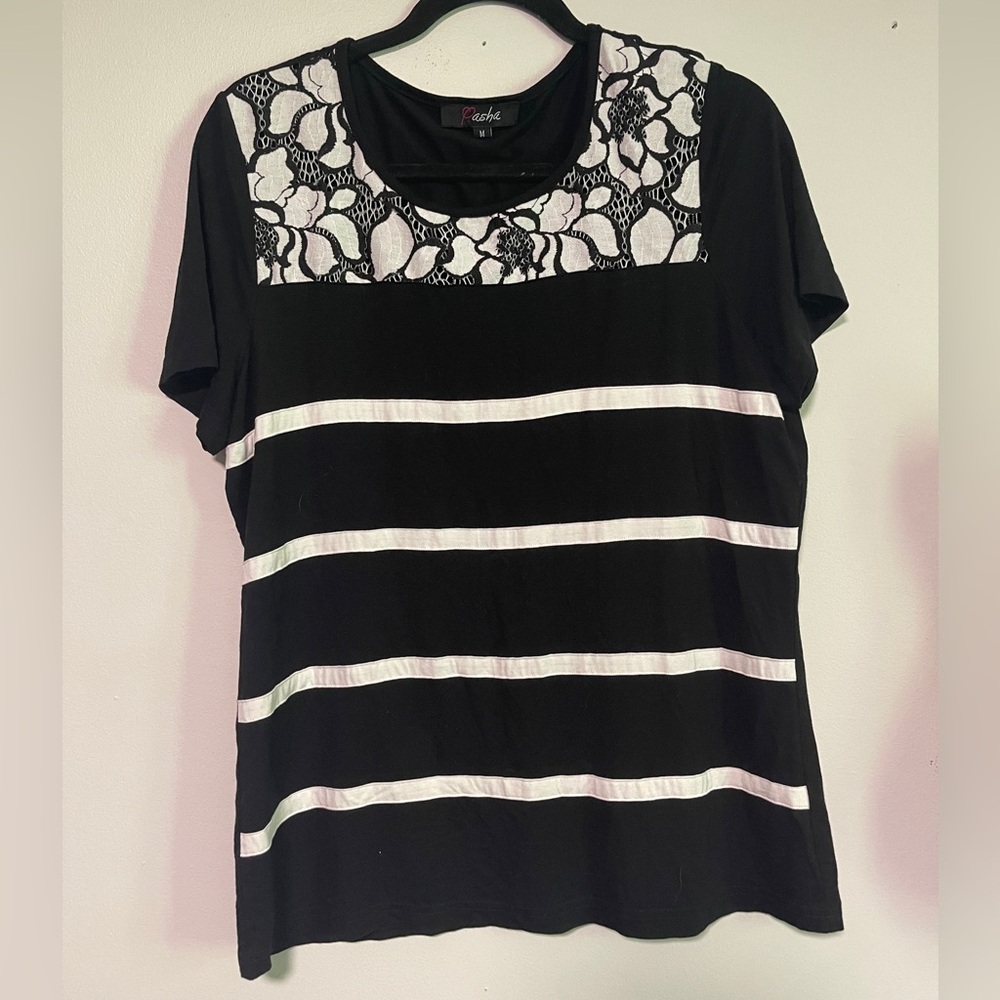 Elegant Black and White Lace Stripe Tee